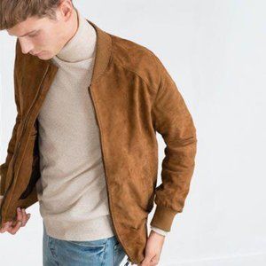 Zara Mens XXL Full Zip Long Sleeve Cognac Faux Suede Bomber Jacket with Po…